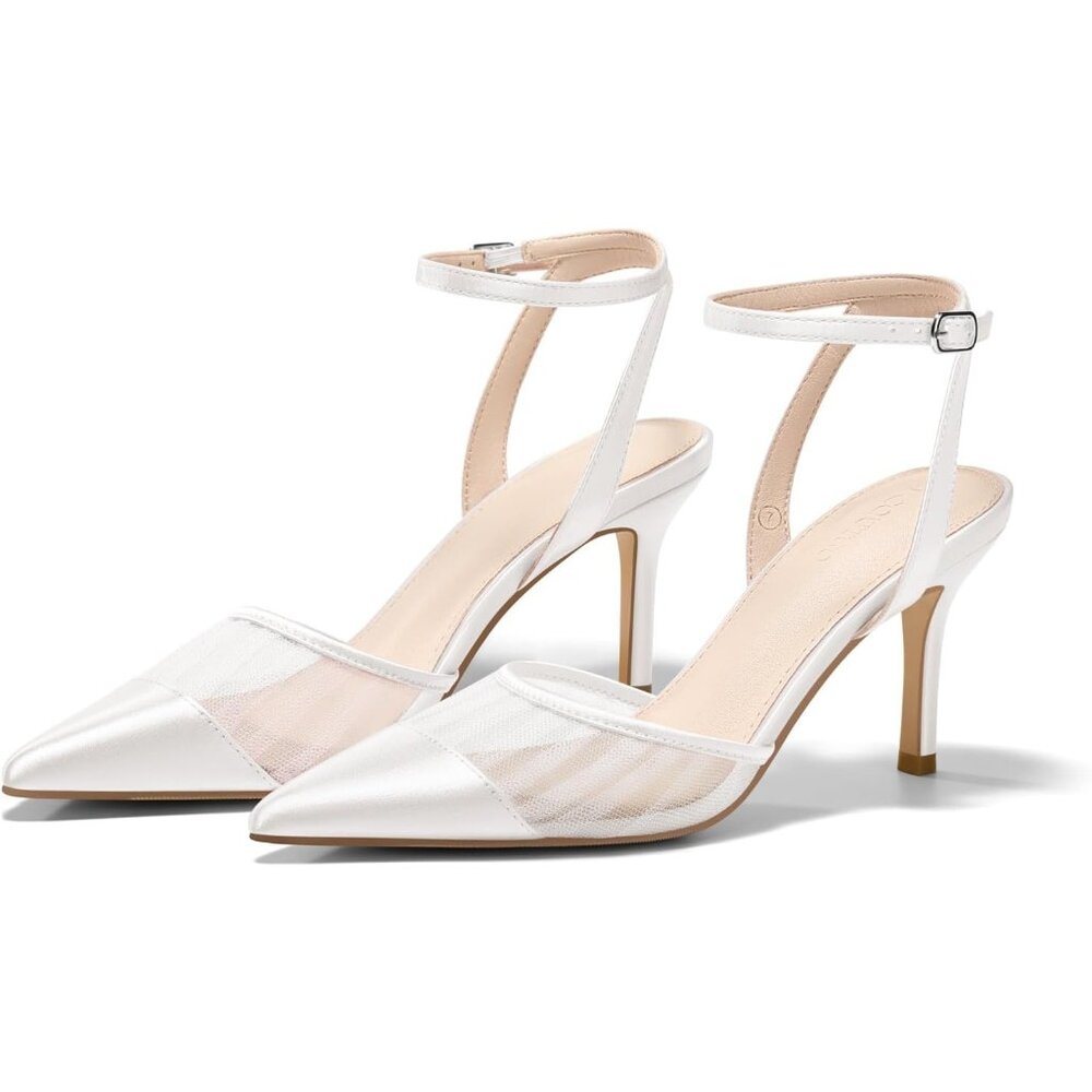 🆕Women's White Closed Toe High Heels Mesh Satin Pointed Toe Dress Shoes